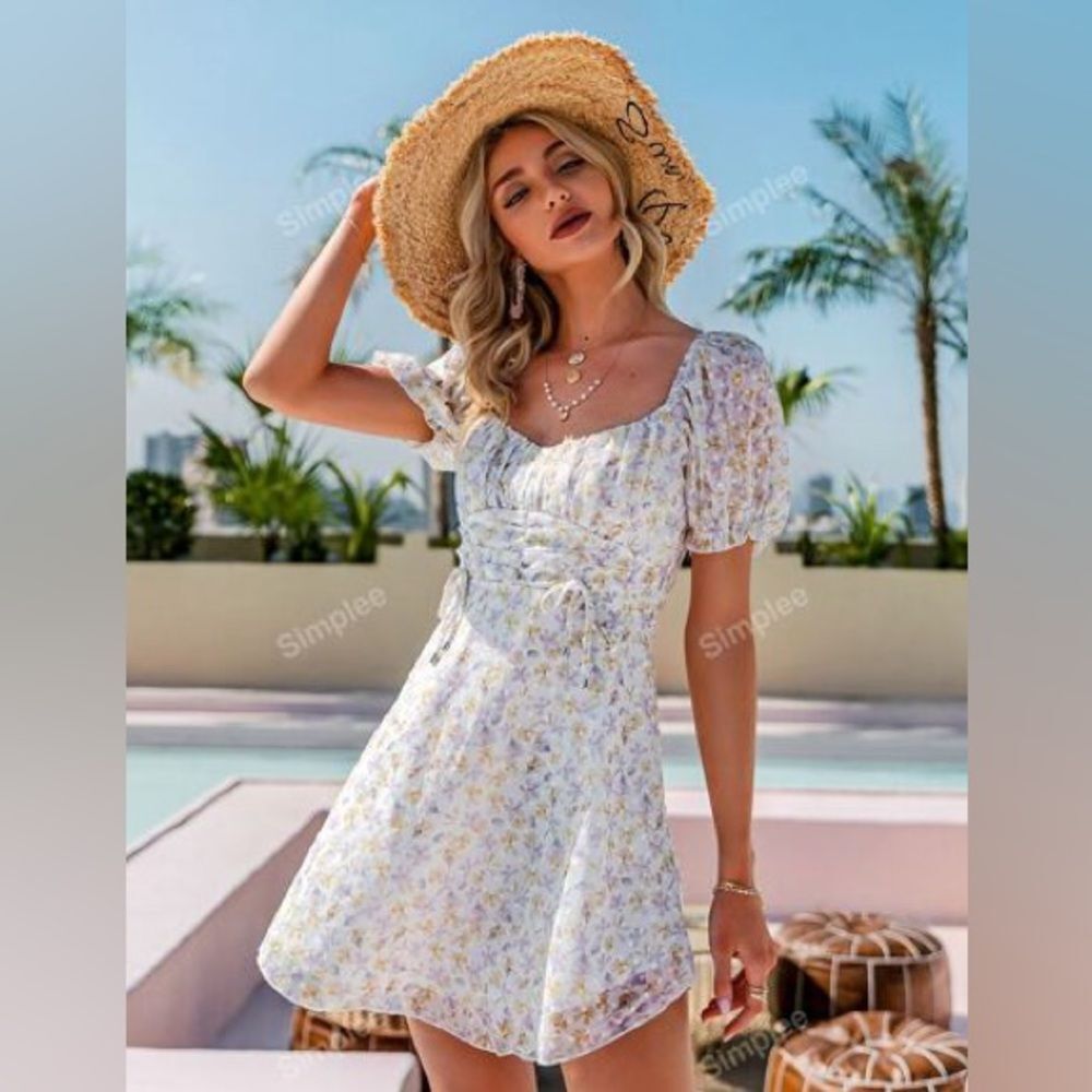 Simplee Milkmaid Romantic Dress Flowy Floral Print size S Fairycore Summer NWOT